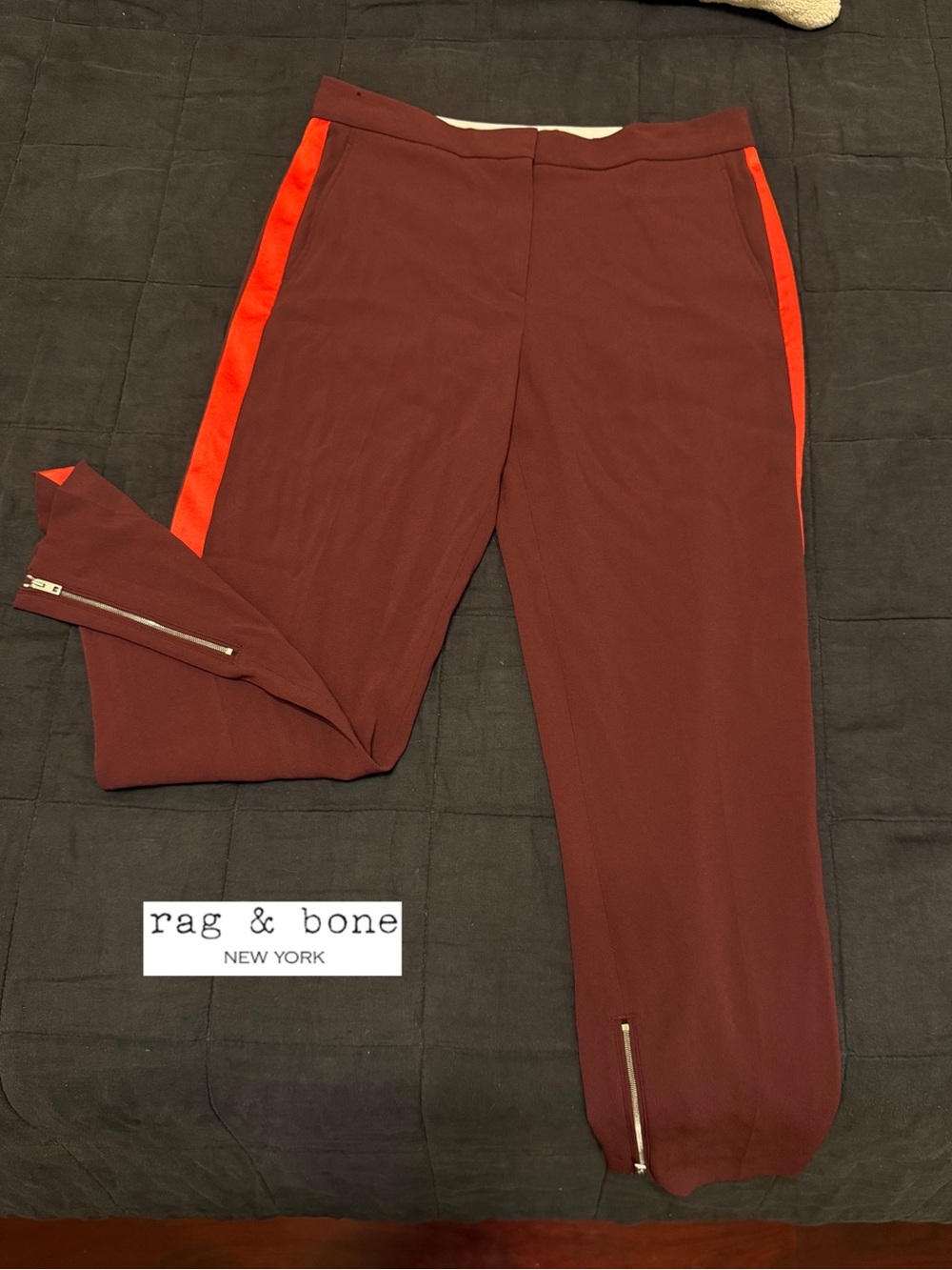 rag & bone Burgundy Track Pants with Red satin Side Stripe